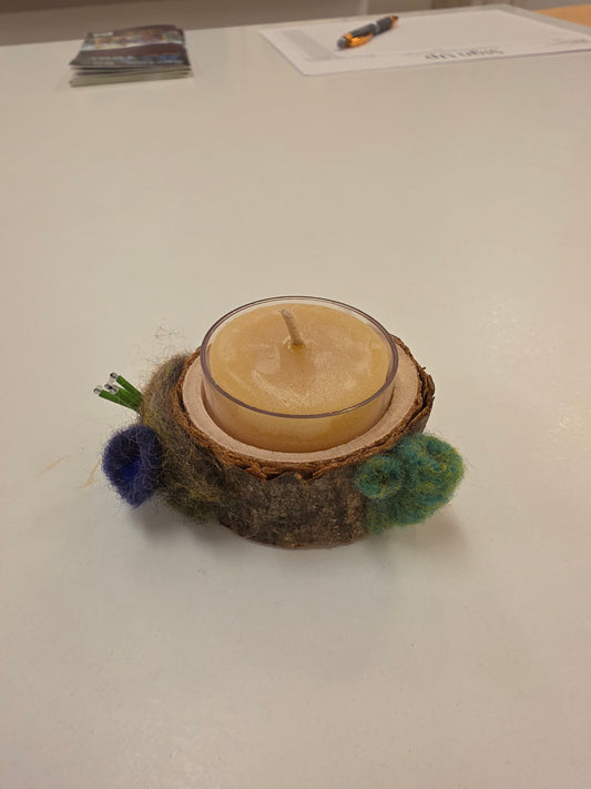 Small Green Tree Trunk Candle Holder with Beeswax Candle by Pillbug Designs