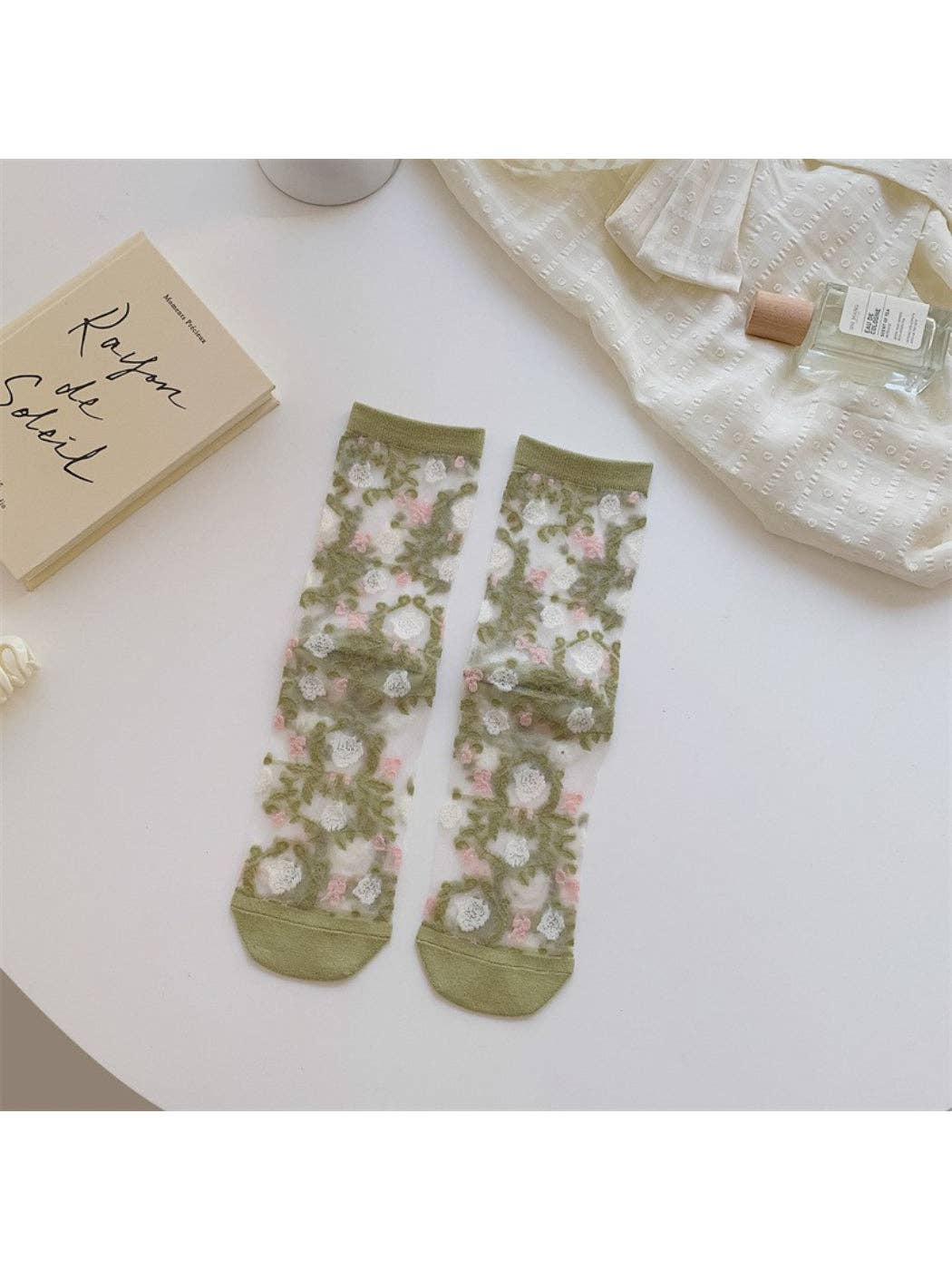 Rufia - Sheer Garden Flower Embroidered Crew Socks