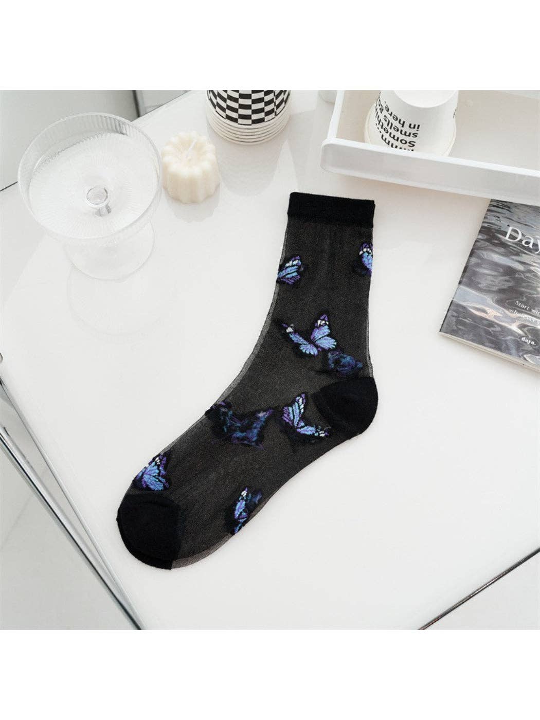 Rufia - Butterfly & Rose Sheer Crew Socks