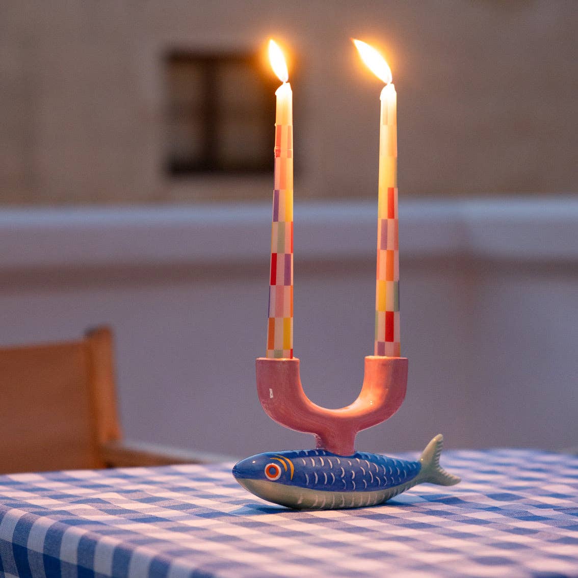 Multicolor Check Taper Candles 2 Pack
