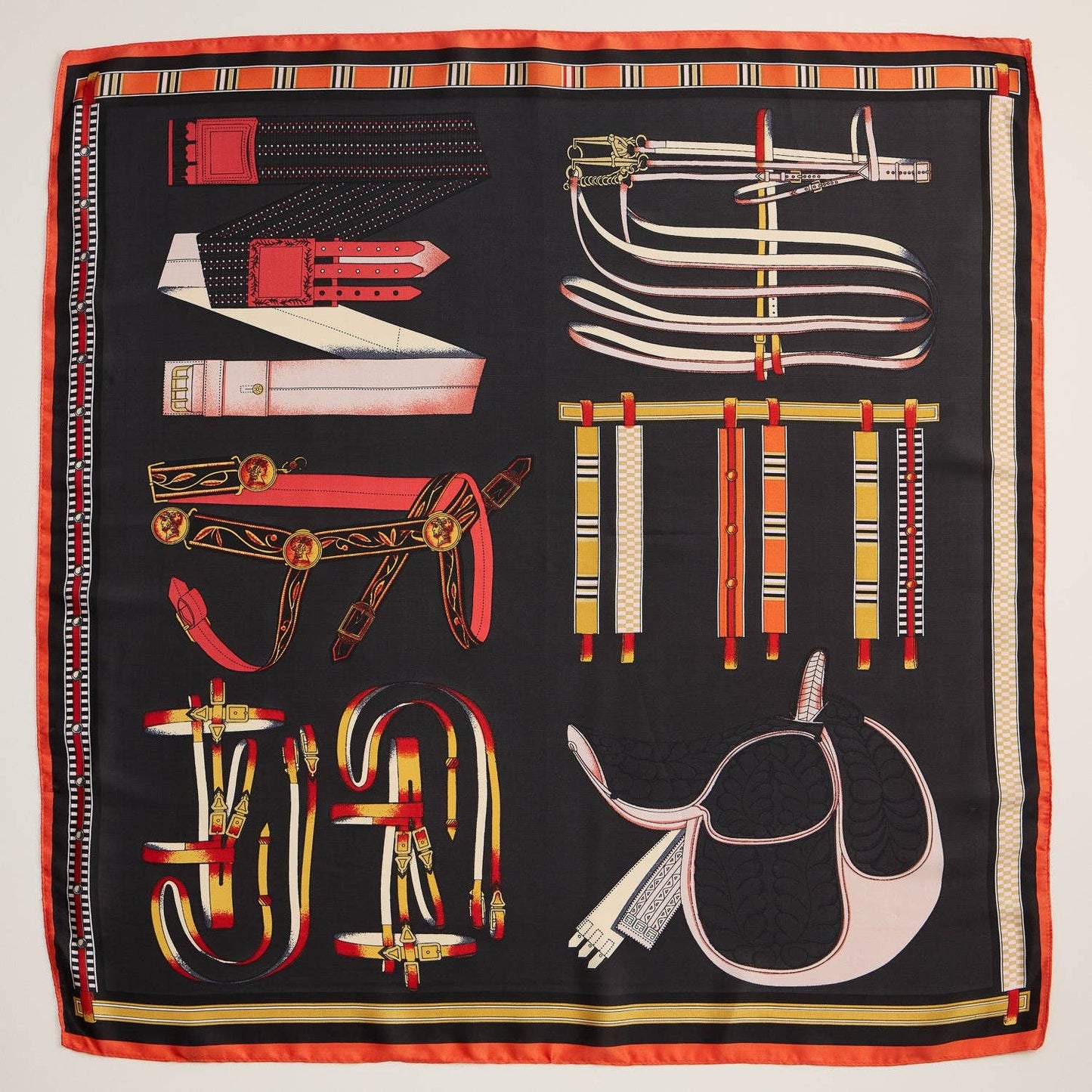 Silk Square Scarf with Equestrian Saddle & Tack Print