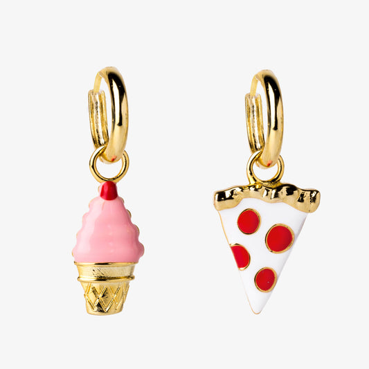 Hoop Earrings - Pizza & Ice Cream - Gold Junk Food Jewelry