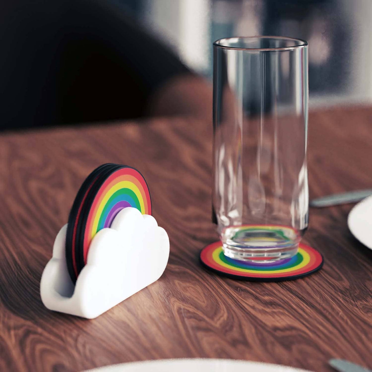 Rainbow Coasters | Wooden Coasters in Ceramic Cloud Holder