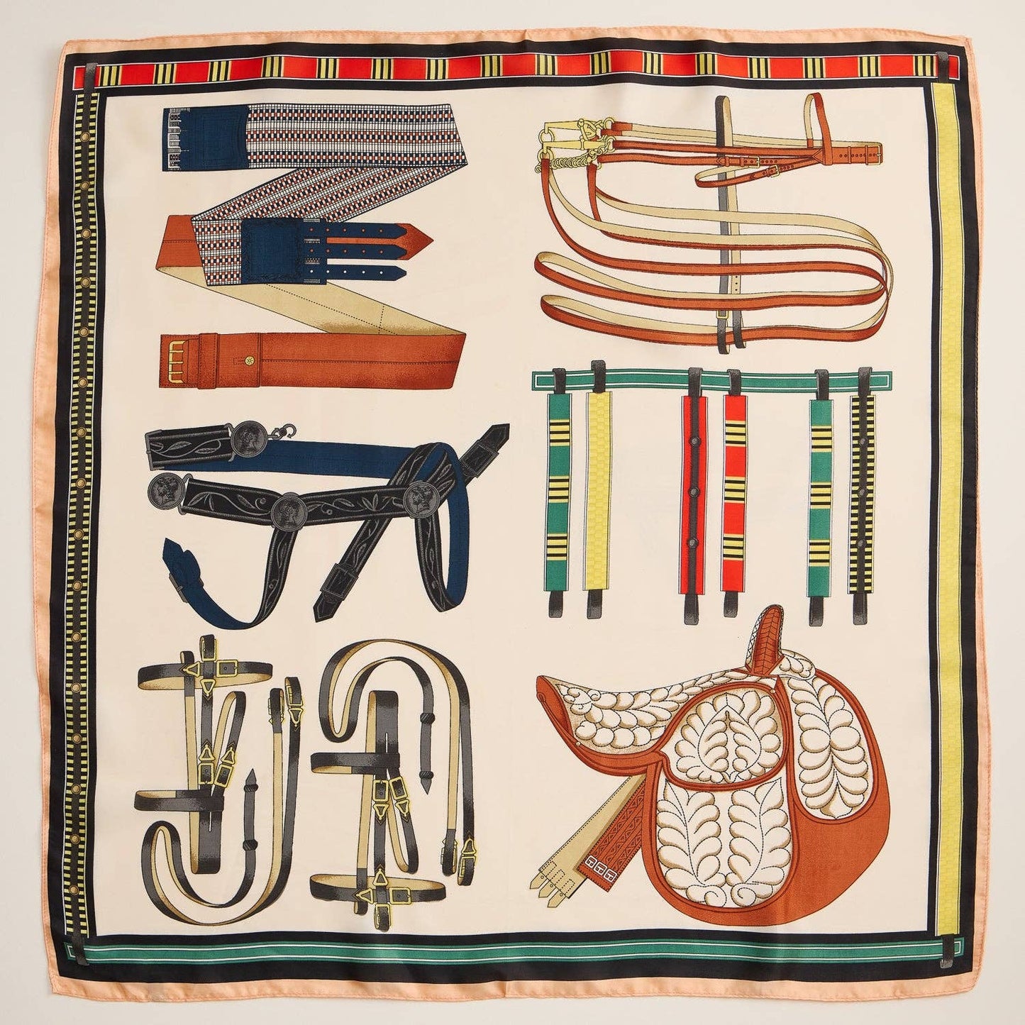 Silk Square Scarf with Equestrian Saddle & Tack Print