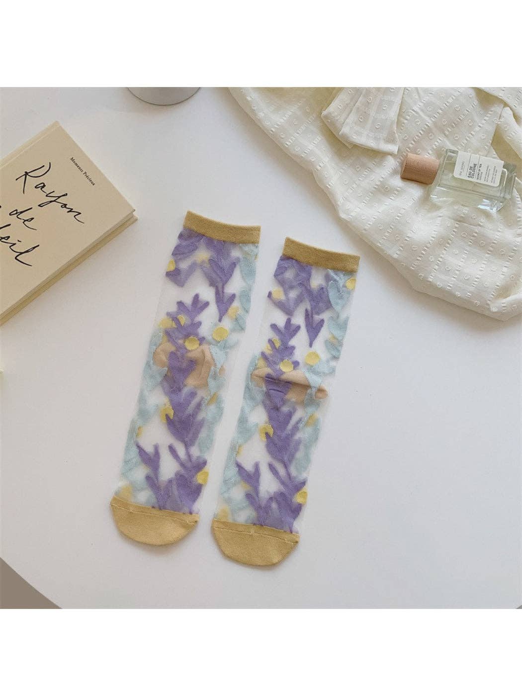 Rufia - Sheer Garden Flower Embroidered Crew Socks