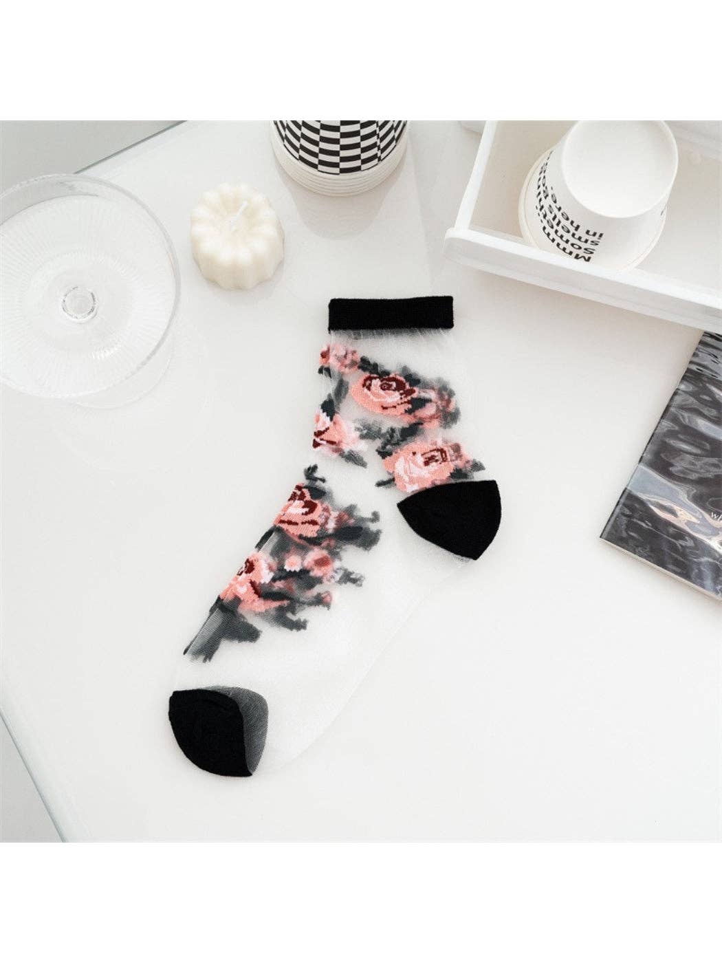 Rufia - Butterfly & Rose Sheer Crew Socks