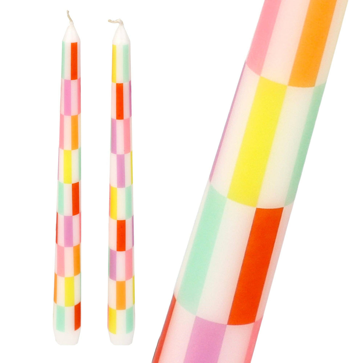 Multicolor Check Taper Candles 2 Pack