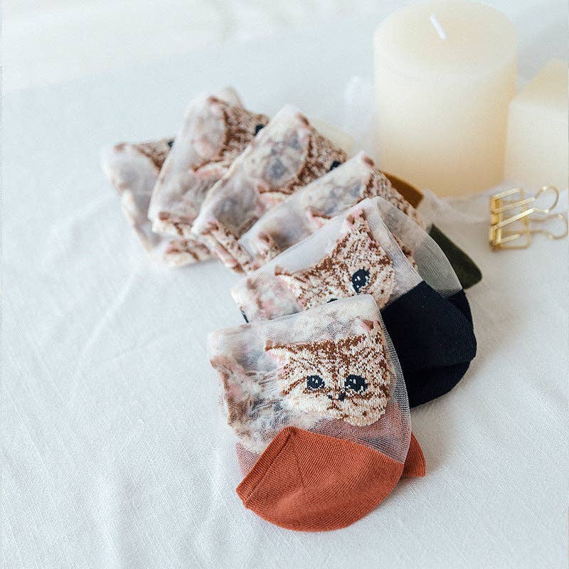 Rufia – Sheer Cat Pattern Ankle Socks | Lightweight & Breathable