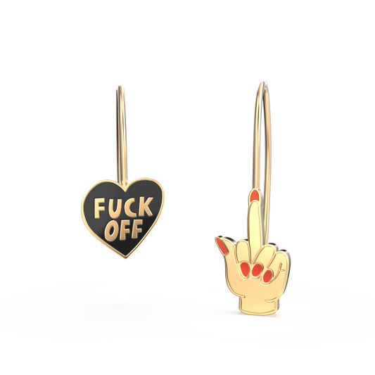 F*ck Off Heart & Middle Finger Earrings - Gold Swear Word