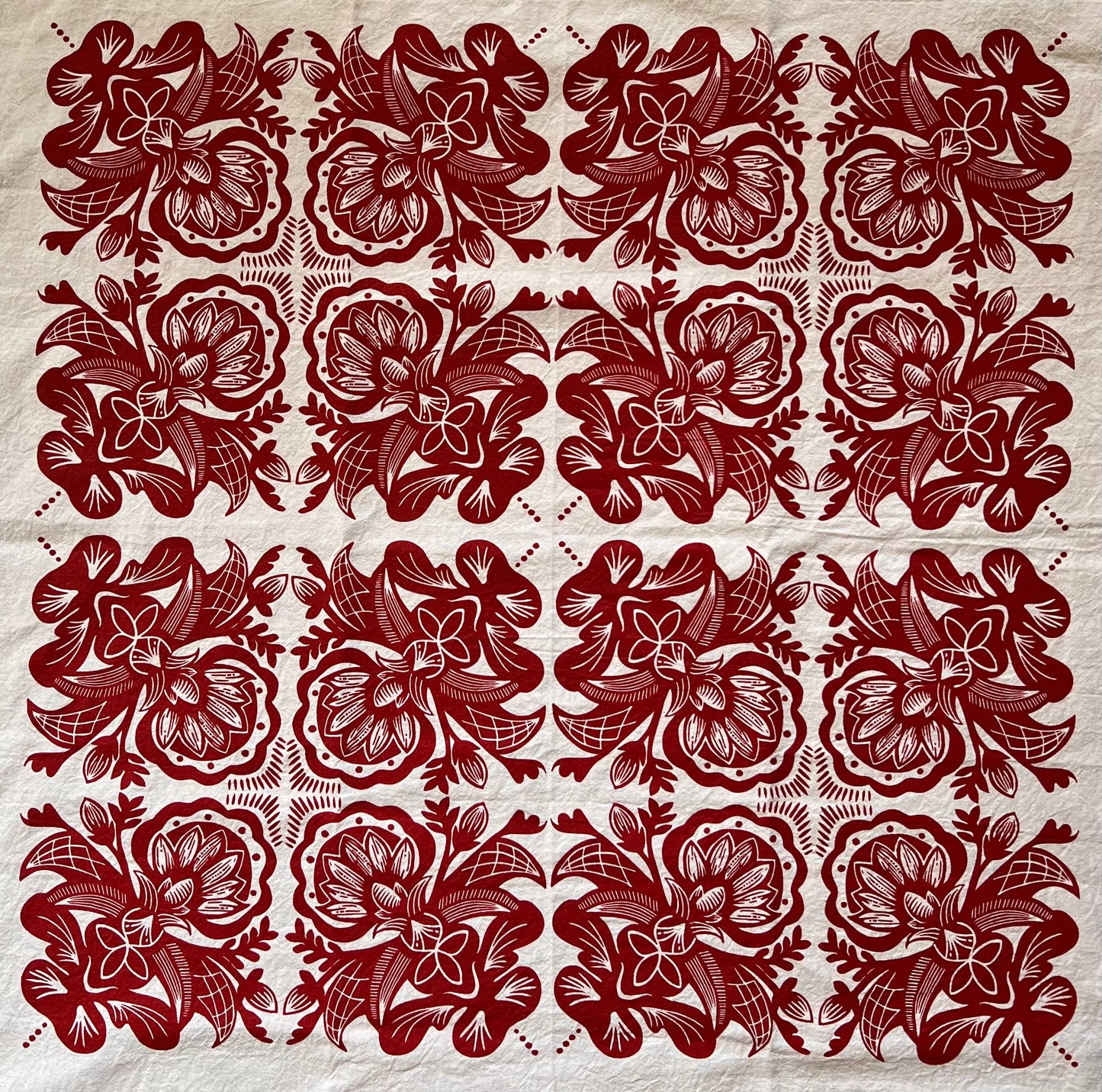 Rosemaling Art Cotton Tea Towel: Rust Red