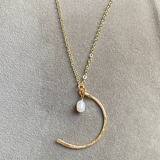 Gold Hammered Crescent and Pearl Necklace