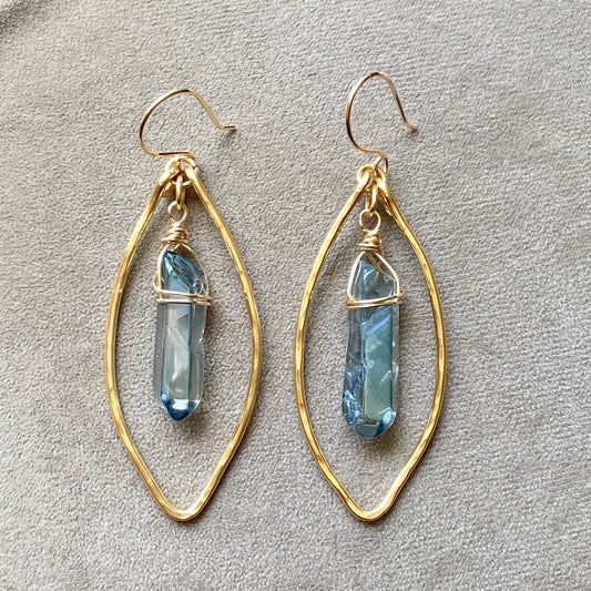 Blue Stone Hammered Gold Marquie Earrings Wire Wrapped
