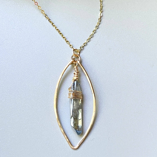 Blue Stone Hammered Gold Marquie Stone    Necklace